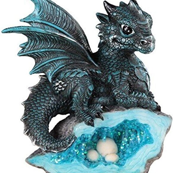 Blue Medieval Baby Dragon with Crystal Egg Nest Decorative Figurine - Picture 1 of 1
